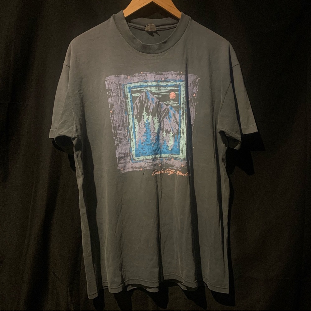 Vintage Cooke City Montana Grey  T Shirt Men Sz XL S/S 23x30 Used Hole Stain